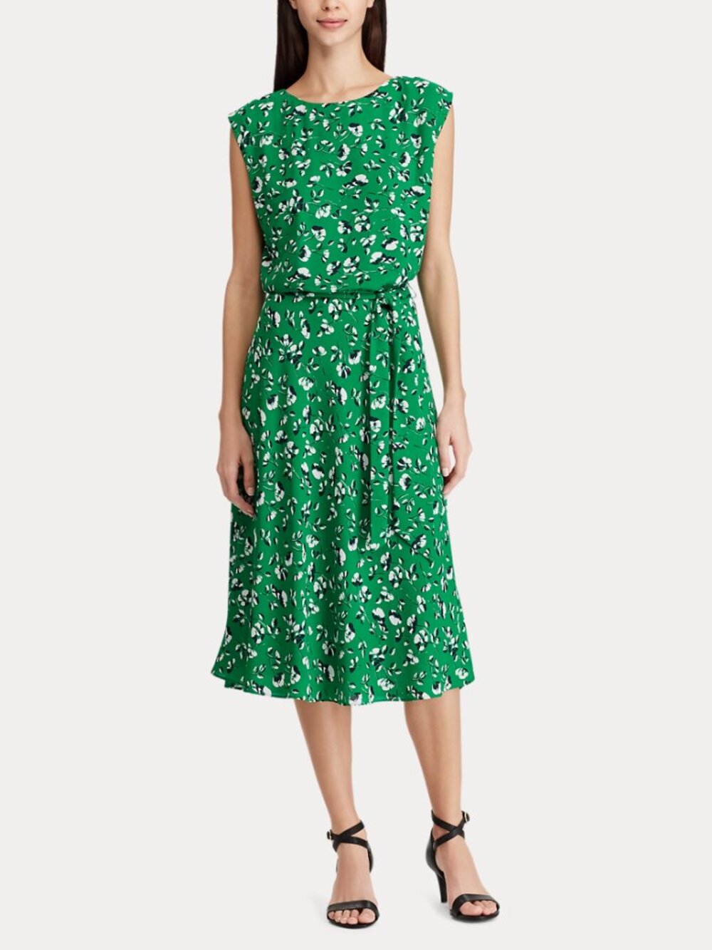 LAUREN Ralph Lauren | Green Multi Floral Georgette Belted Dress | Size 18